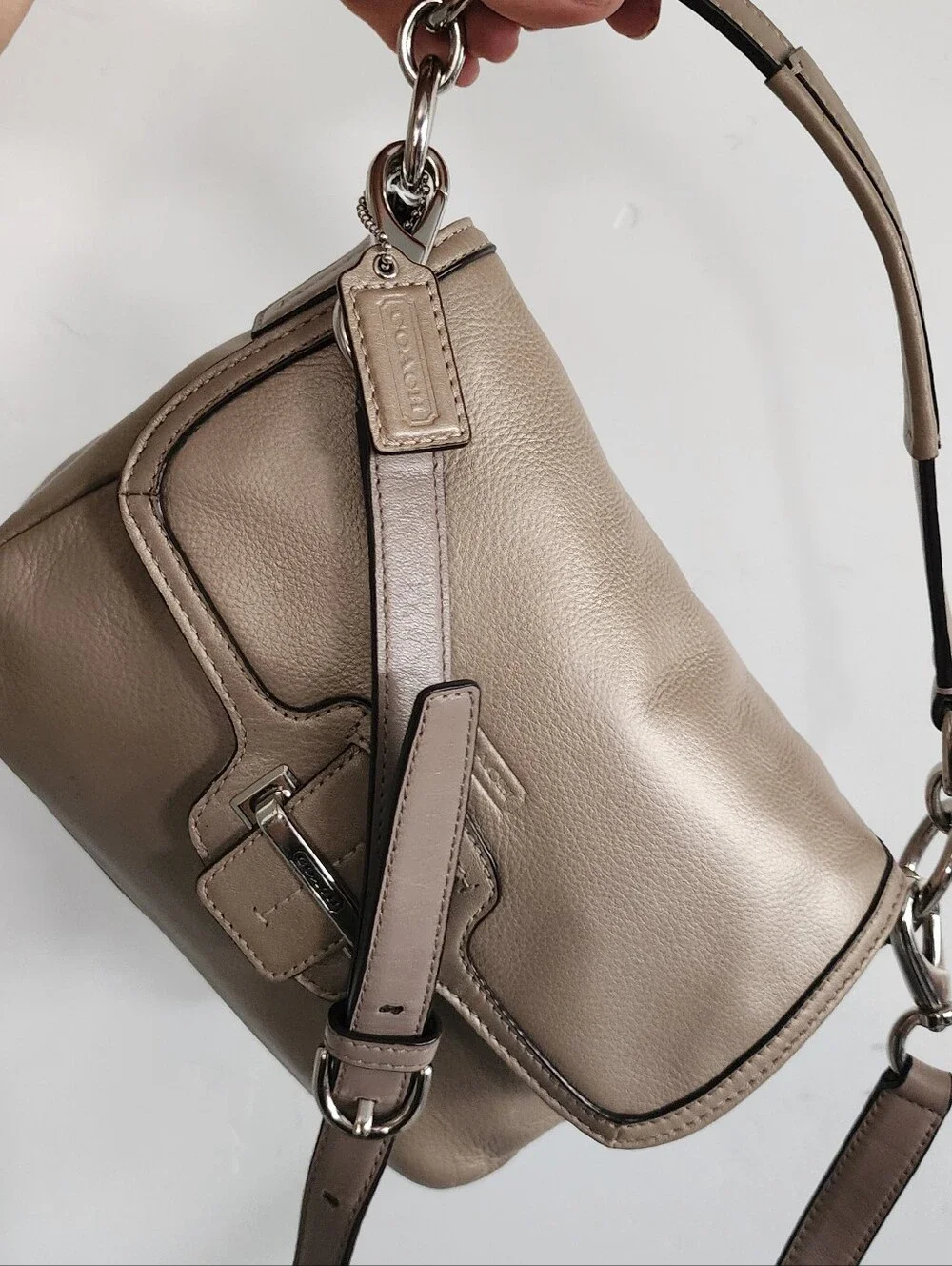 Coach Taupe Pebble Leather Shoulder Bag with Chain Accents